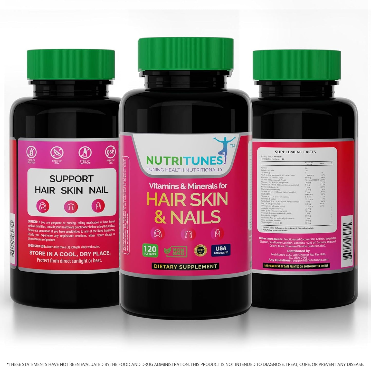 Nutritunes Hair, Skin, & Nails Multivitamins with Biotin, Folate, Vitamin C, D3, E B-6 & B-12 - Supports Nail, Skin, & Hair Health - Non-GMO, GMP-Certified (120 Softgel Capsules)