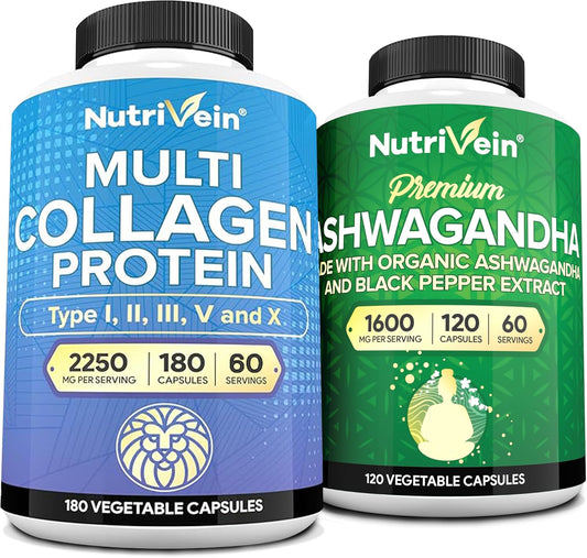 Nutrivein Premium Multi Collagen & Ashwagandha Bundle: High-Absorption Root & Peptides Capsules