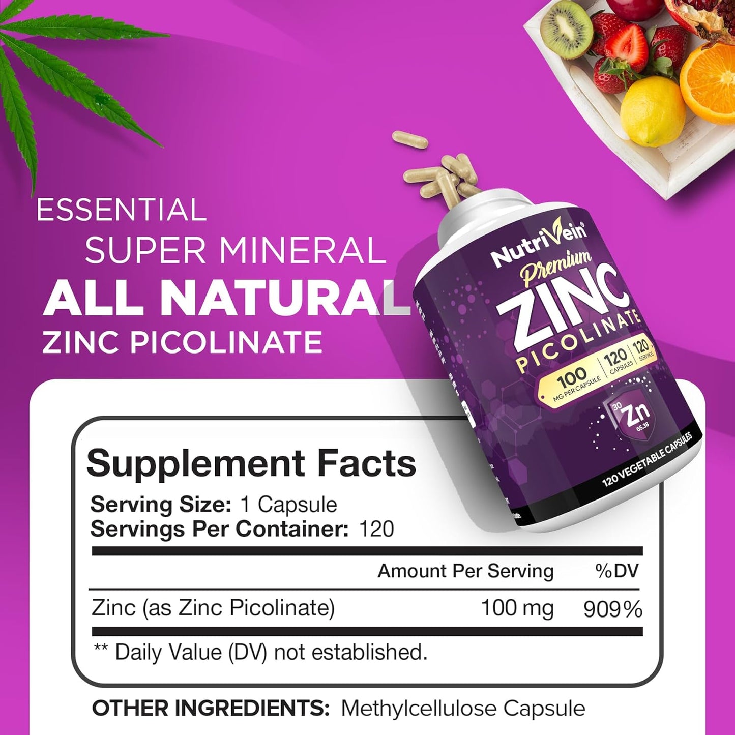 Nutrivein Premium Zinc Picolinate 100mg - 120 Capsules for Immune System Support & Cellular Health - Bioavailable Supplement for Enhanced Absorption