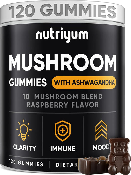 nutriyum Mushroom Gummies - Immune, Energy, & Cognitive Support Blend with Lions Mane, Ashwagandha, and More - 120 pcs