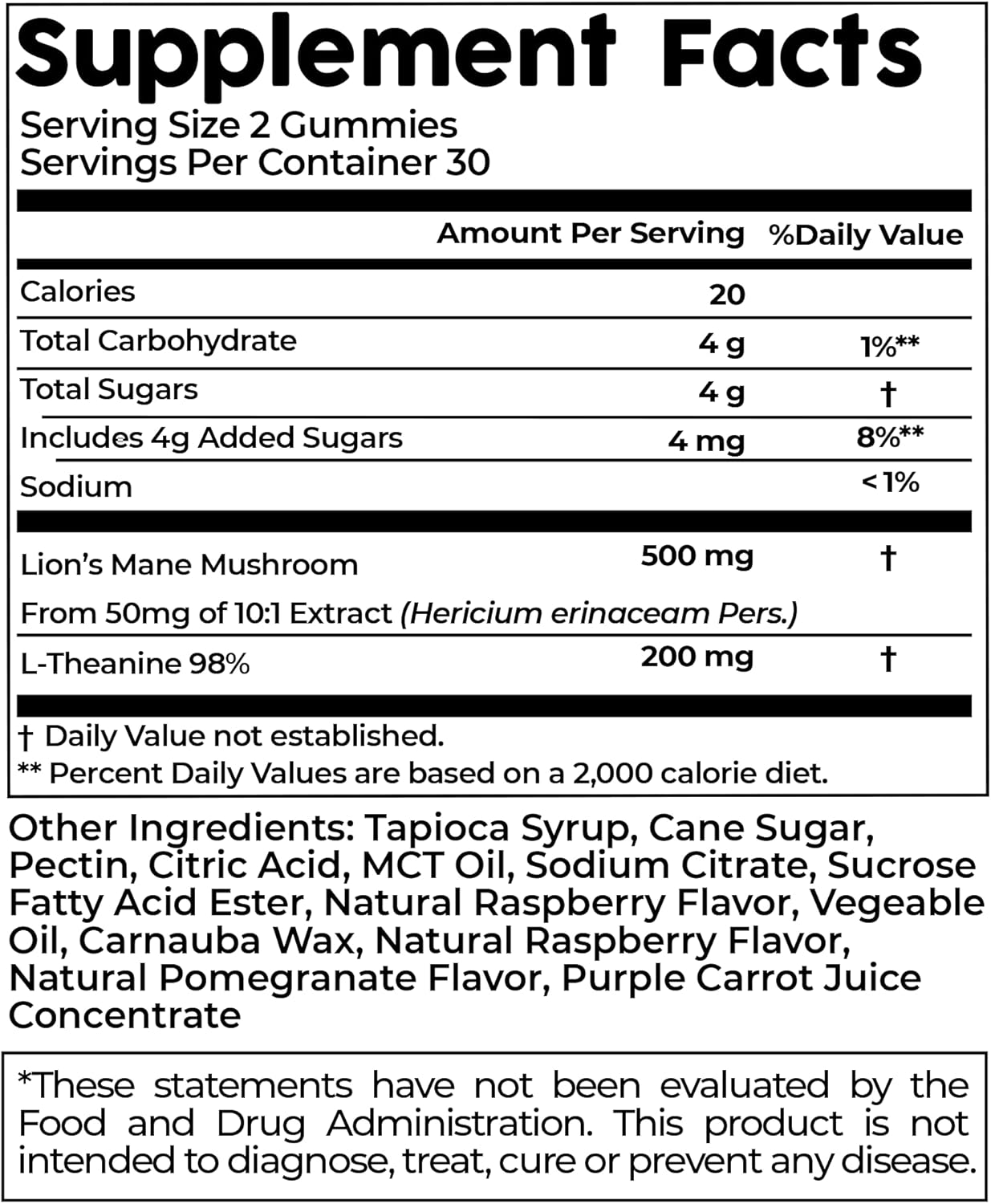Nutroaid Lions Mane Mushroom Gummies with L-Theanine for Focus & Energy - Raspberry & Pomegranate Flavor - 60 Gummies