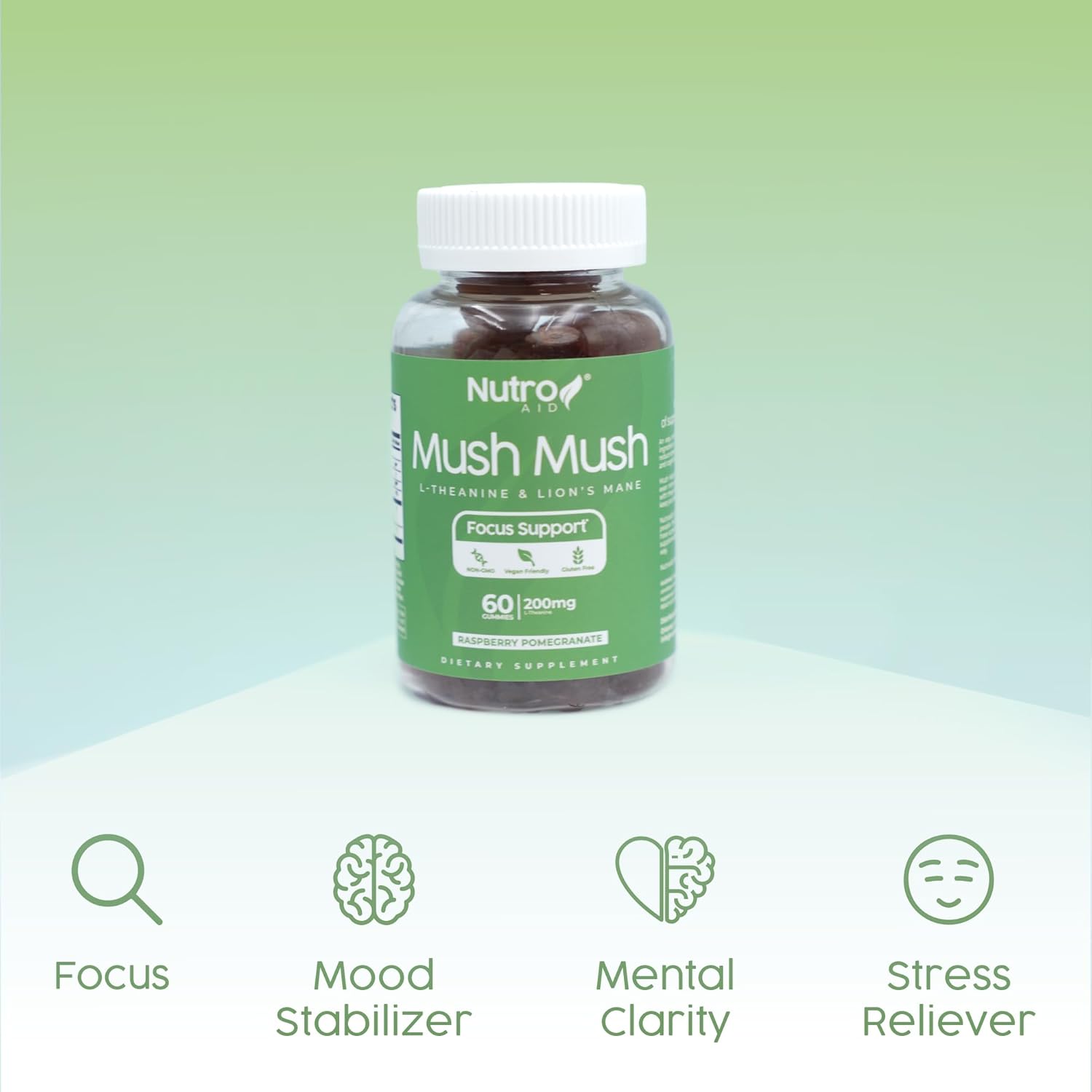 Nutroaid Lions Mane Mushroom Gummies with L-Theanine for Focus & Energy - Raspberry & Pomegranate Flavor - 60 Gummies