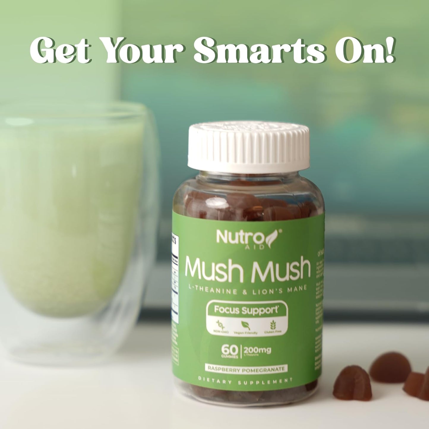 Nutroaid Lions Mane Mushroom Gummies with L-Theanine for Focus & Energy - Raspberry & Pomegranate Flavor - 60 Gummies