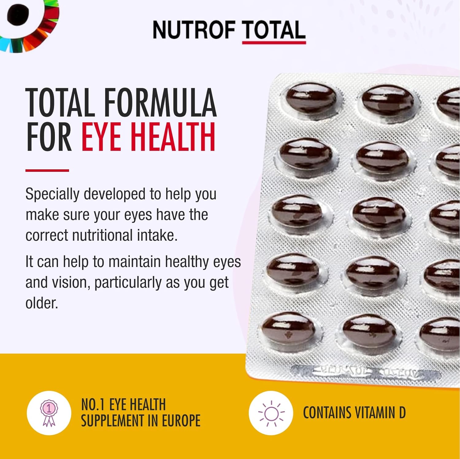 Nutrof Total Eye Health Supplement Capsules with Lutein, Zeaxanthin, Omega 3, Antioxidants - 30 Capsules - 1 Month Supply