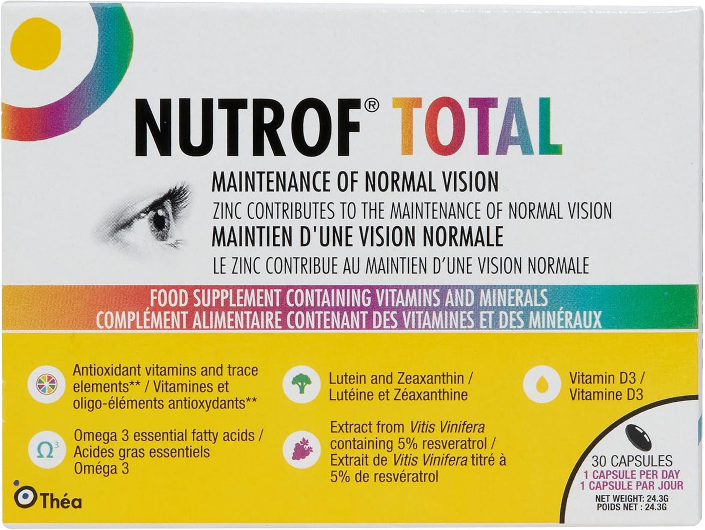 Nutrof Total Eye Health Supplement Capsules with Lutein, Zeaxanthin, Omega 3, Antioxidants - 30 Capsules - 1 Month Supply