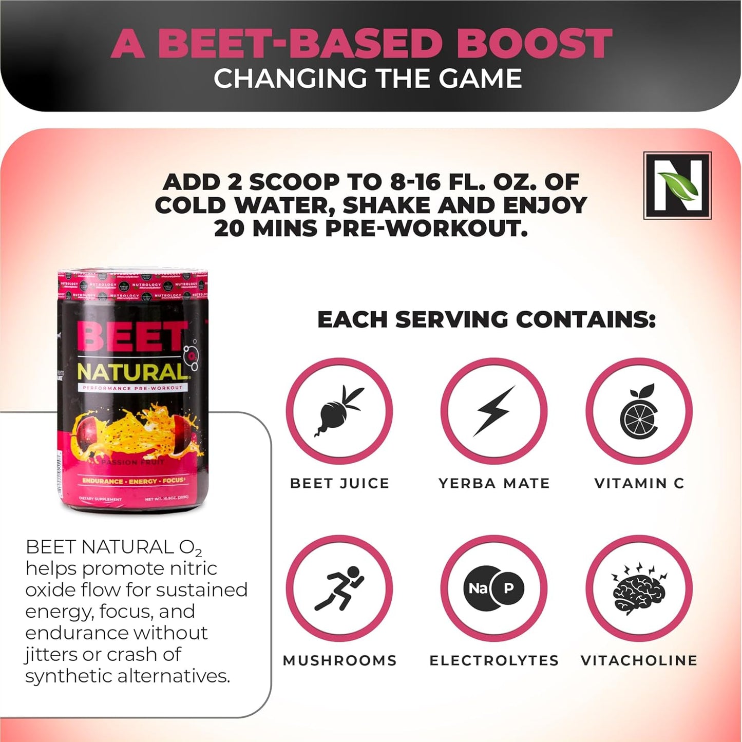 Nutrology Beet Natural O2 Pre Workout Powder - Energy, Endurance & Nitric Oxide Booster - Beet Powder, Yerba Mate, Adaptogens & Electrolytes - Vegan Passion Fruit Flavor - 30 Servings