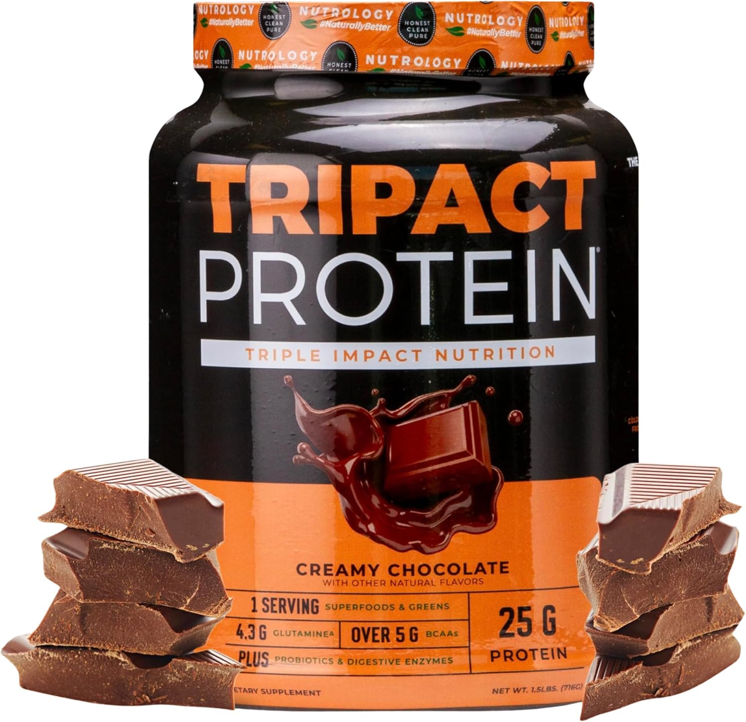 Nutrology TRIPACT 7-in-1 Meal Replacement Shake - Creamy Chocolate Flavor with Grass Fed Whey Protein, Pea, Rice, Greens, Probiotics & BCAAs - Amino Energy - 20 Servings