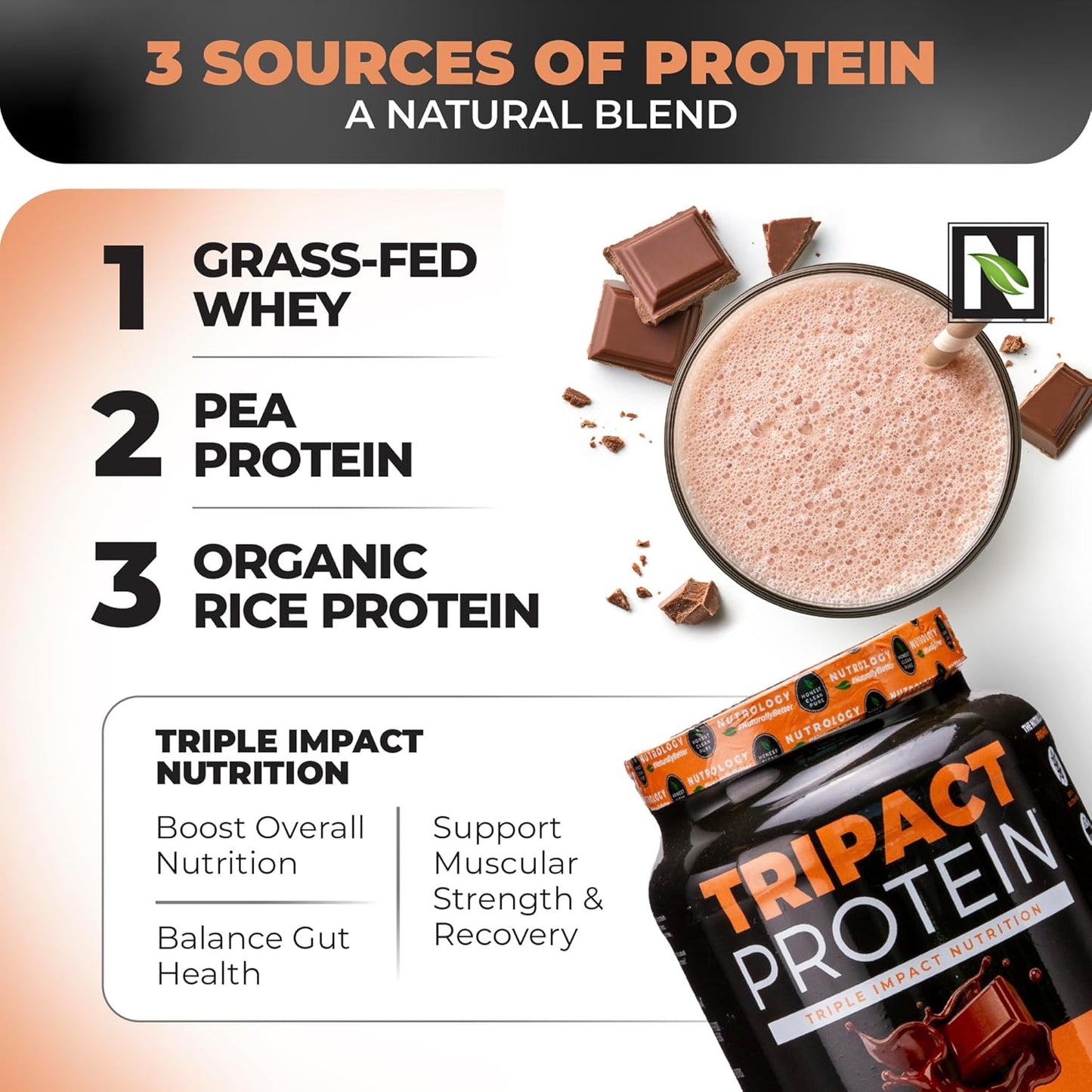 Nutrology TRIPACT 7-in-1 Meal Replacement Shake - Creamy Chocolate Flavor with Grass Fed Whey Protein, Pea, Rice, Greens, Probiotics & BCAAs - Amino Energy - 20 Servings