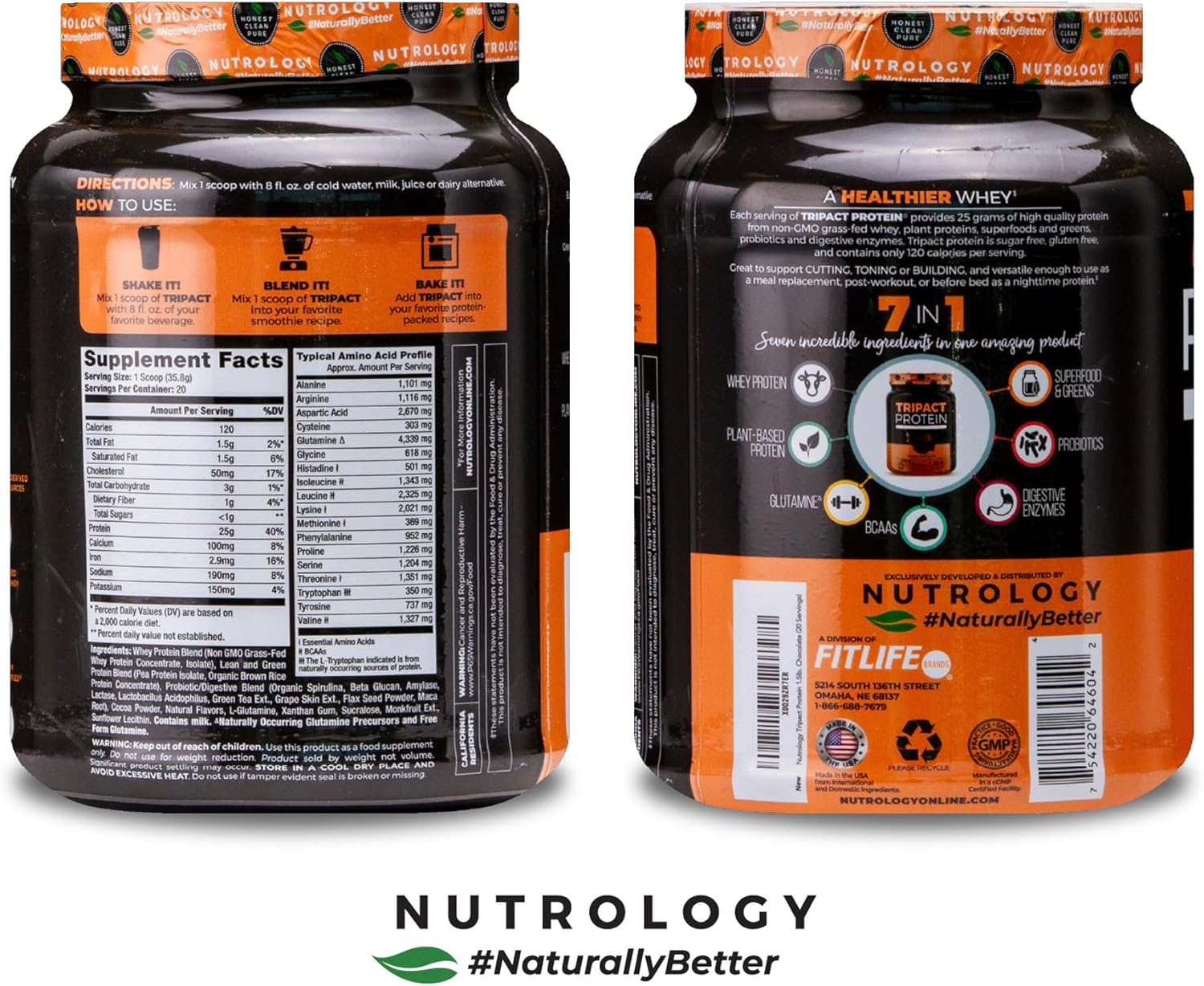 Nutrology TRIPACT 7-in-1 Meal Replacement Shake - Creamy Chocolate Flavor with Grass Fed Whey Protein, Pea, Rice, Greens, Probiotics & BCAAs - Amino Energy - 20 Servings