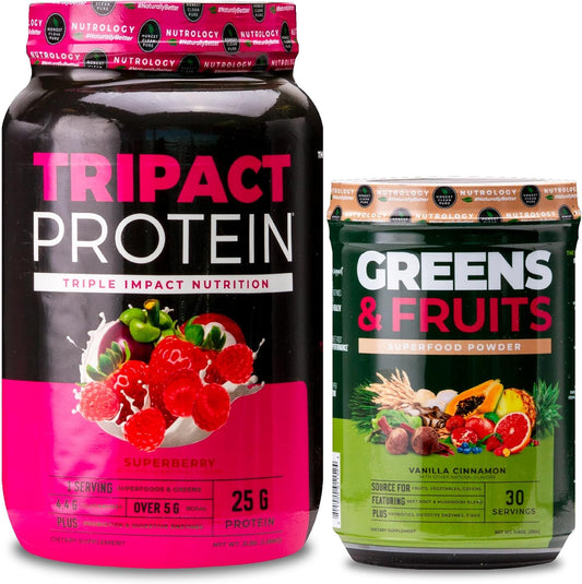 Nutrology TRIPACT Protein Powder & Greens Superfood Bundle - Superberry & Vanilla Cinnamon Flavors - 40 Servings Protein, 30 Servings Greens & Fruits Powder