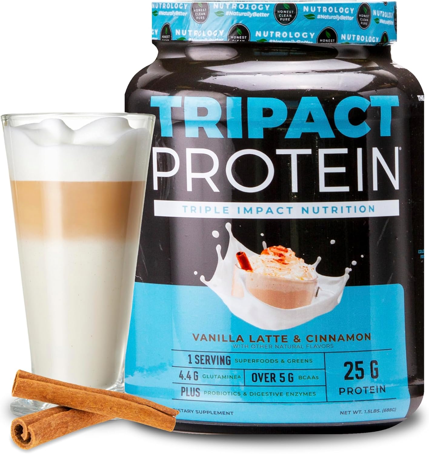 Nutrology TRIPACT Vanilla Latte & Cinnamon Protein Powder: 7-in-1 Meal Replacement Shake with Grass Fed Whey, Pea, Rice, Greens, Probiotics, BCAAs, Amino Energy - 20 Servings
