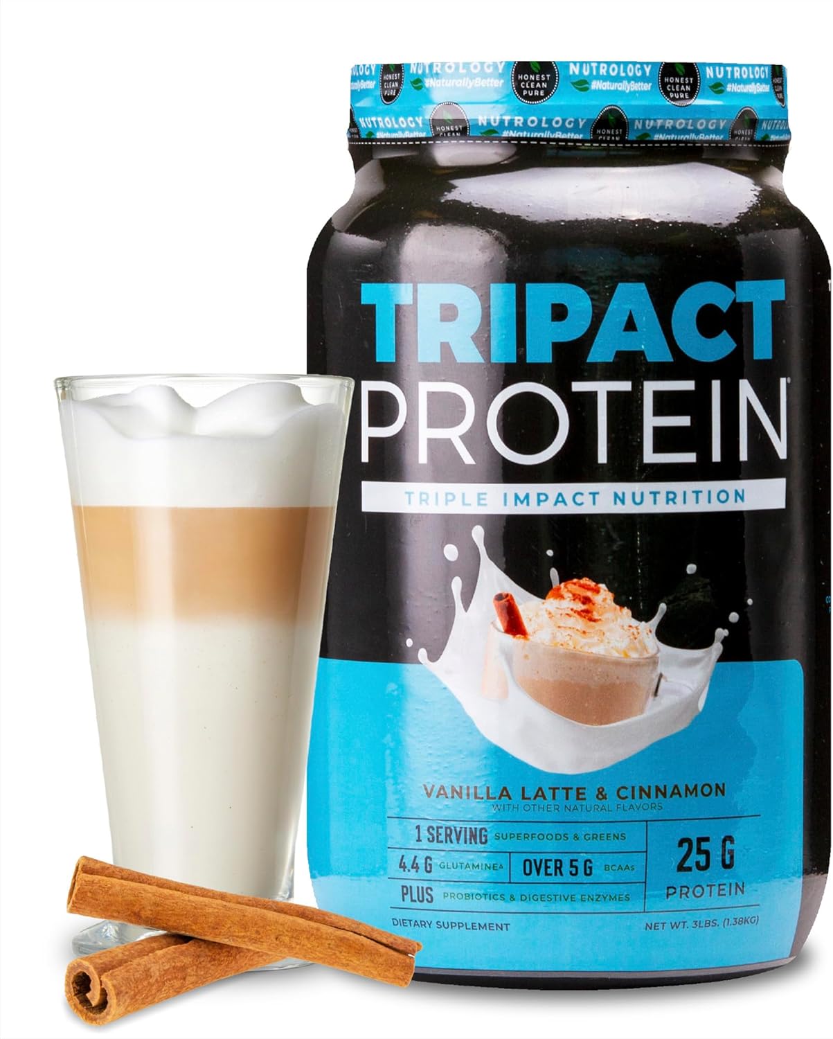 Nutrology TRIPACT Vanilla Latte & Cinnamon Protein Powder: 7-in-1 Meal Replacement Shake with Grass Fed Whey, Pea, Rice, Greens, Probiotics, BCAAs, Amino Energy - 40 Servings