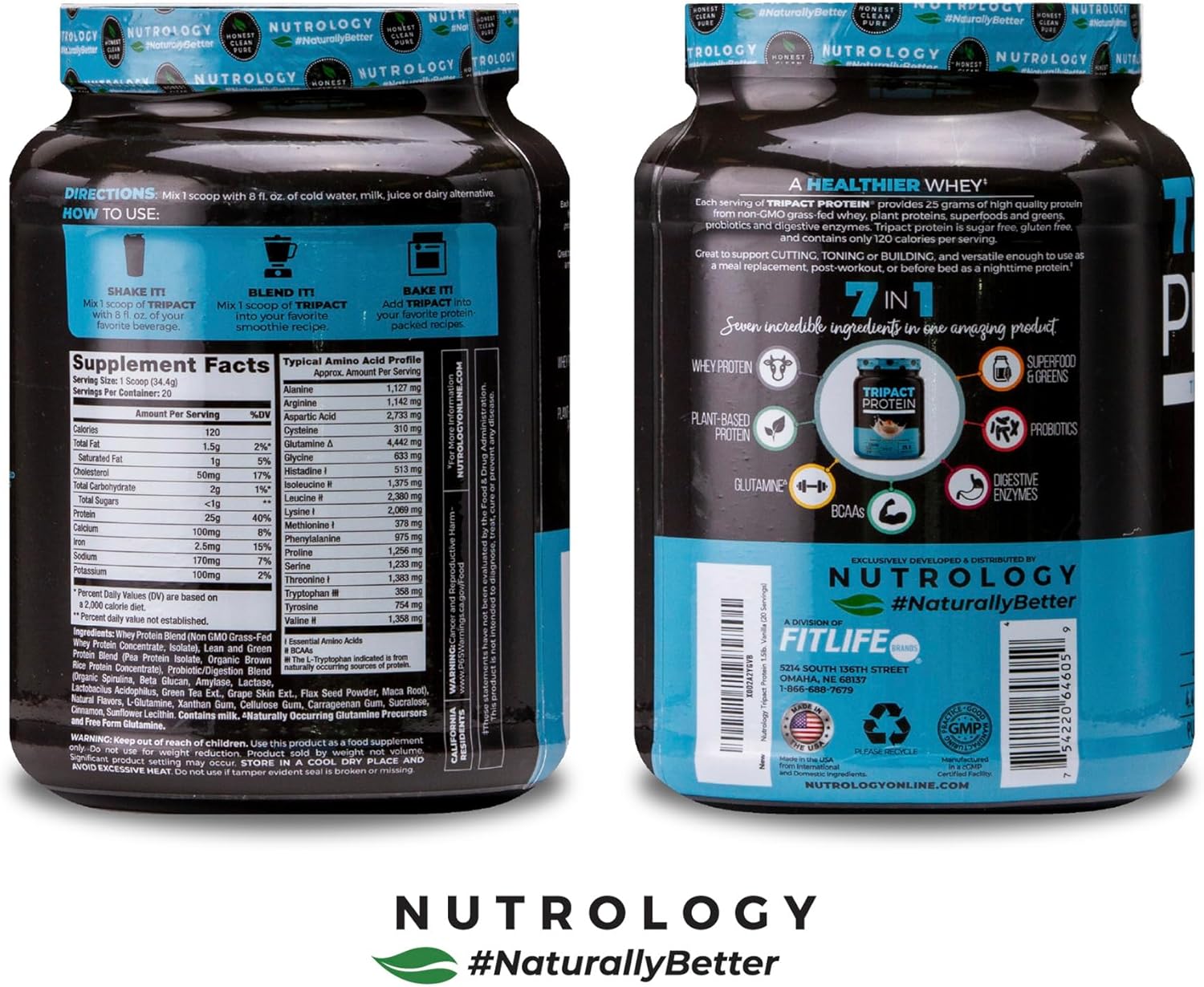 Nutrology TRIPACT Vanilla Latte & Cinnamon Protein Powder: 7-in-1 Meal Replacement Shake with Grass Fed Whey, Pea, Rice, Greens, Probiotics, BCAAs, Amino Energy - 20 Servings