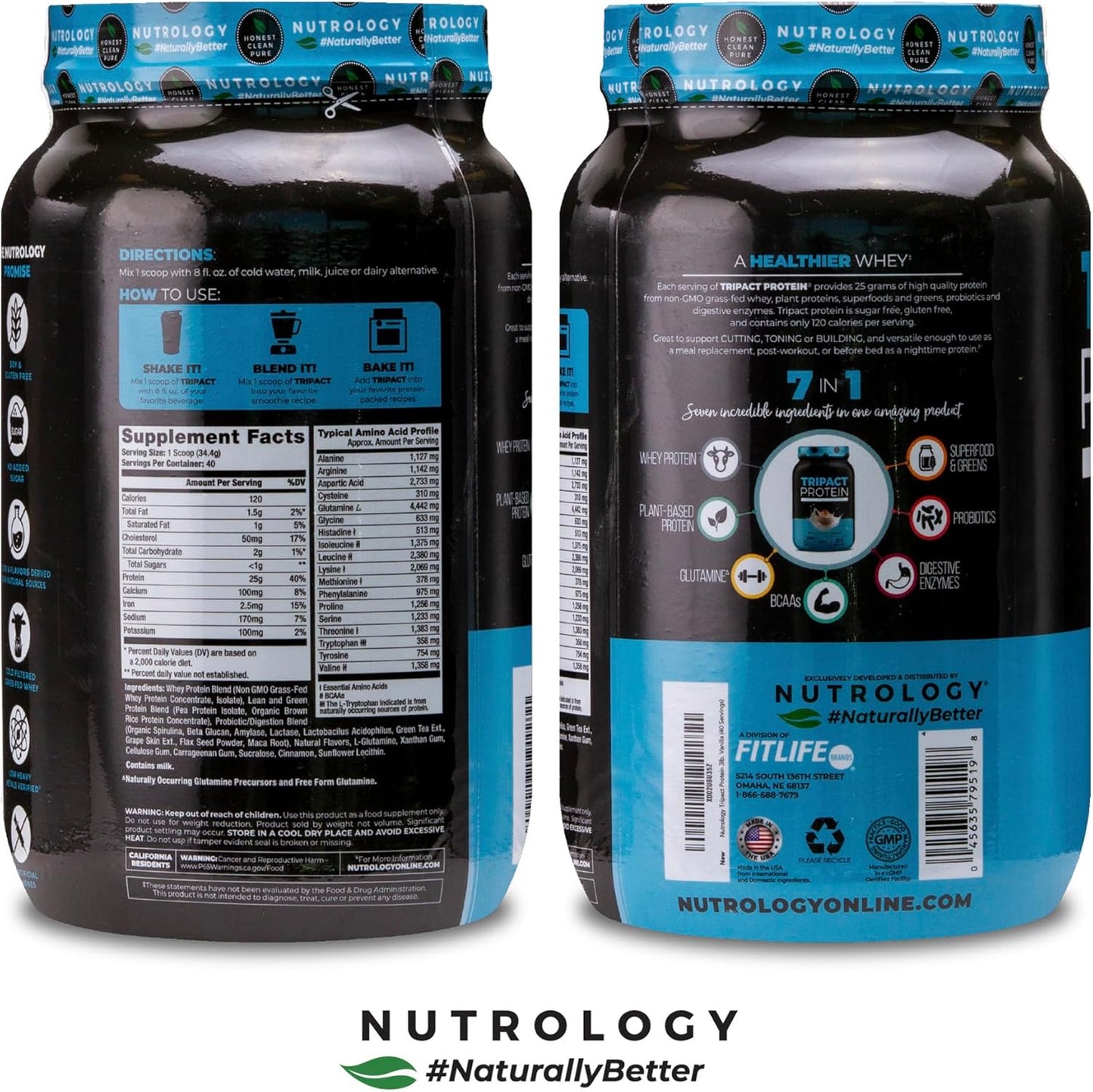 Nutrology TRIPACT Vanilla Latte & Cinnamon Protein Powder: 7-in-1 Meal Replacement Shake with Grass Fed Whey, Pea, Rice, Greens, Probiotics, BCAAs, Amino Energy - 40 Servings