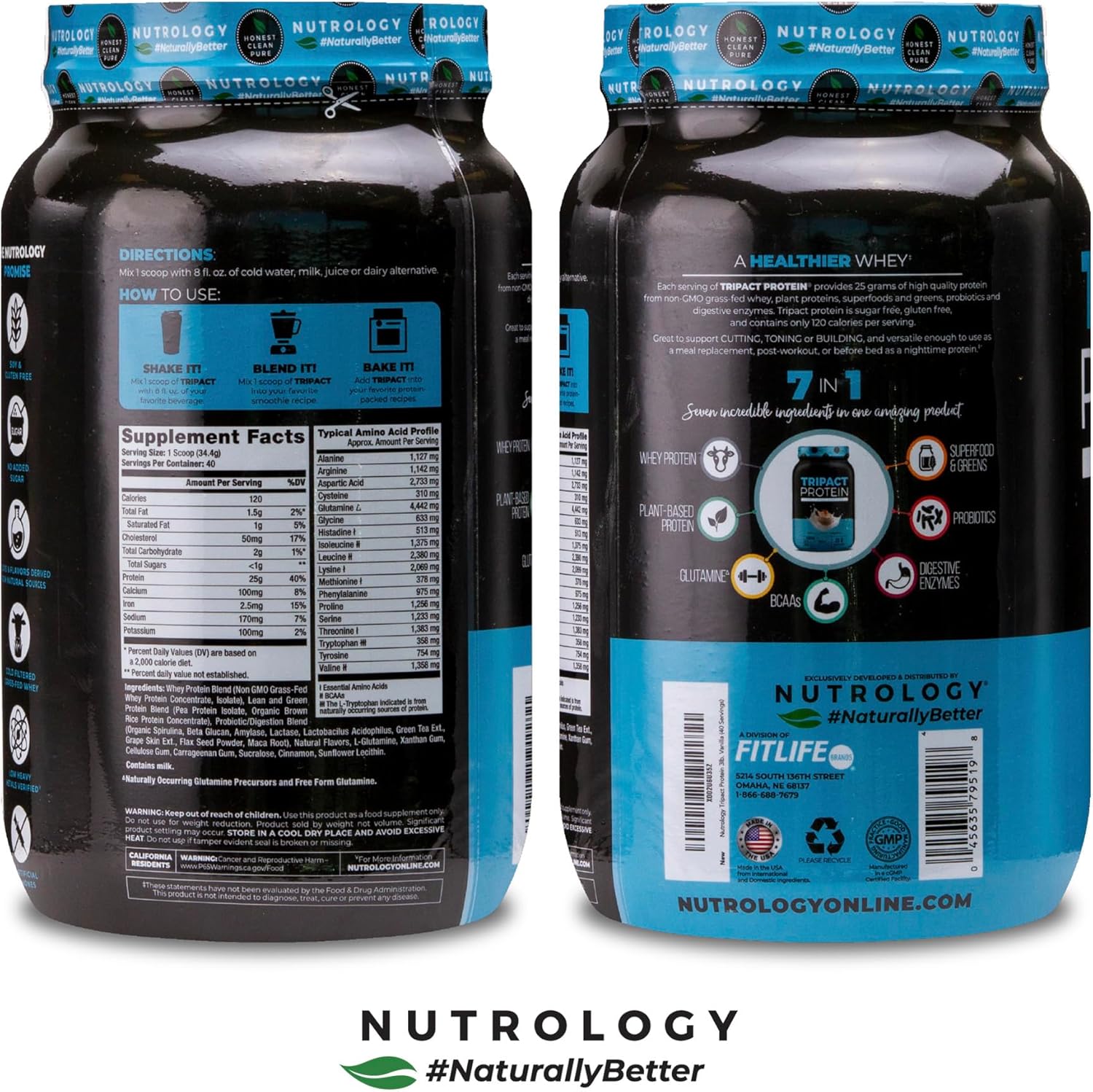 Nutrology TRIPACT Vanilla Latte & Cinnamon Protein Powder: 7-in-1 Meal Replacement Shake with Grass Fed Whey, Pea, Rice, Greens, Probiotics, BCAAs, Amino Energy - 40 Servings
