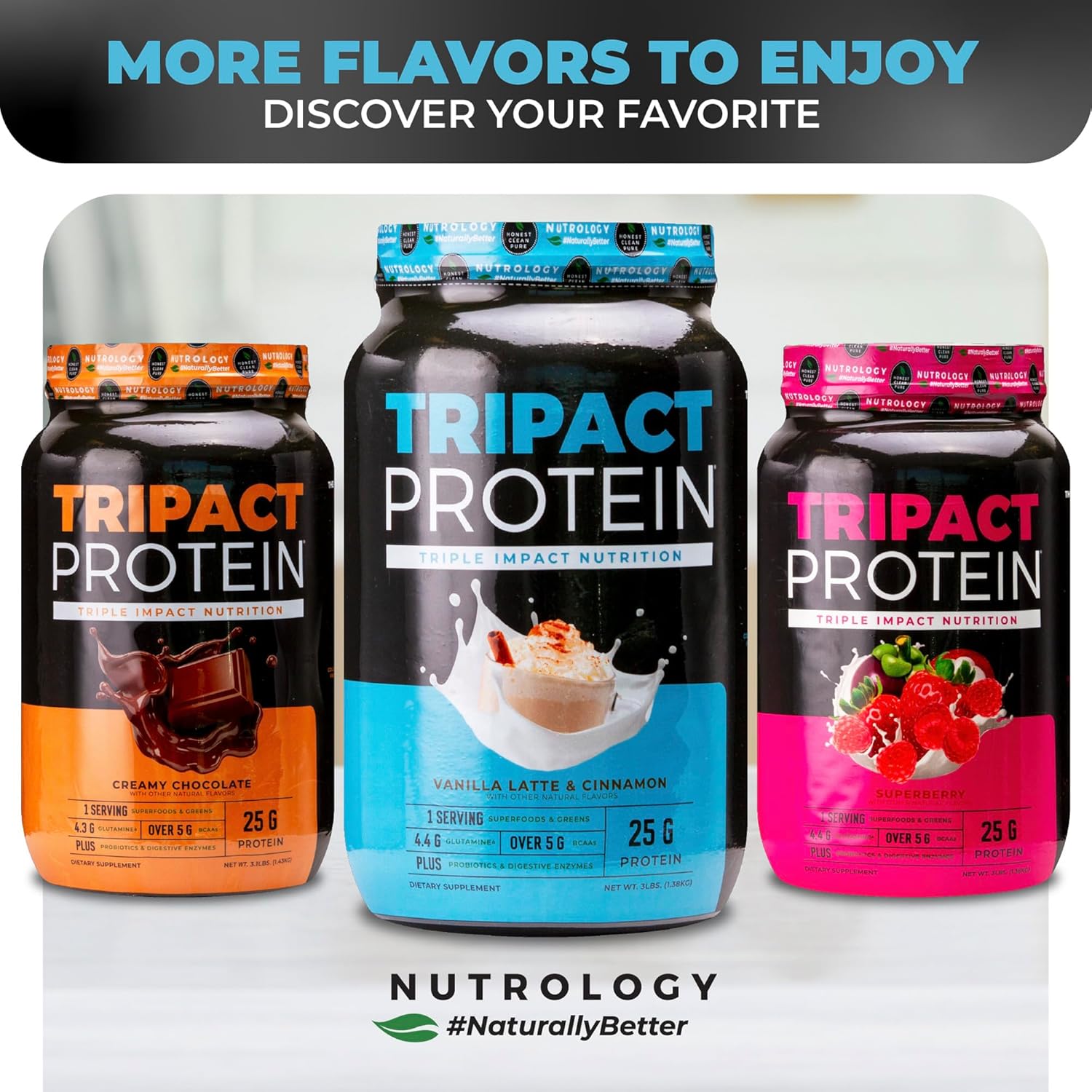 Nutrology TRIPACT Vanilla Latte & Cinnamon Protein Powder: 7-in-1 Meal Replacement Shake with Grass Fed Whey, Pea, Rice, Greens, Probiotics, BCAAs, Amino Energy - 20 Servings