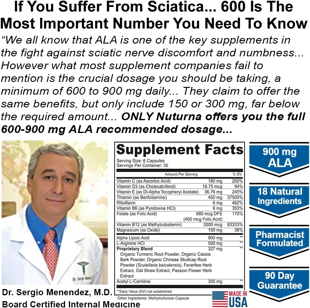 Nuturna Sciatic Nerve Support Formula with Alpha Lipoic Acid - Sciatica Supplement for Pain Relief - 180 Pills