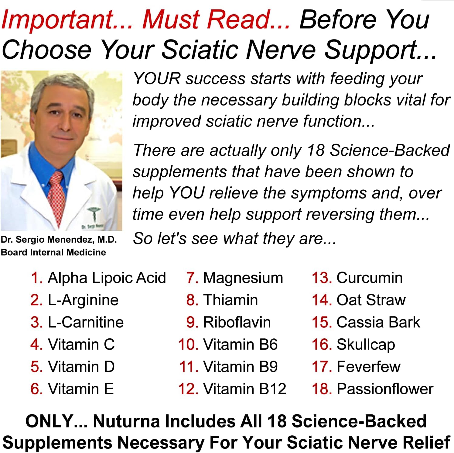 Nuturna Sciatic Nerve Support Formula with Alpha Lipoic Acid - Sciatica Supplement for Pain Relief - 180 Pills