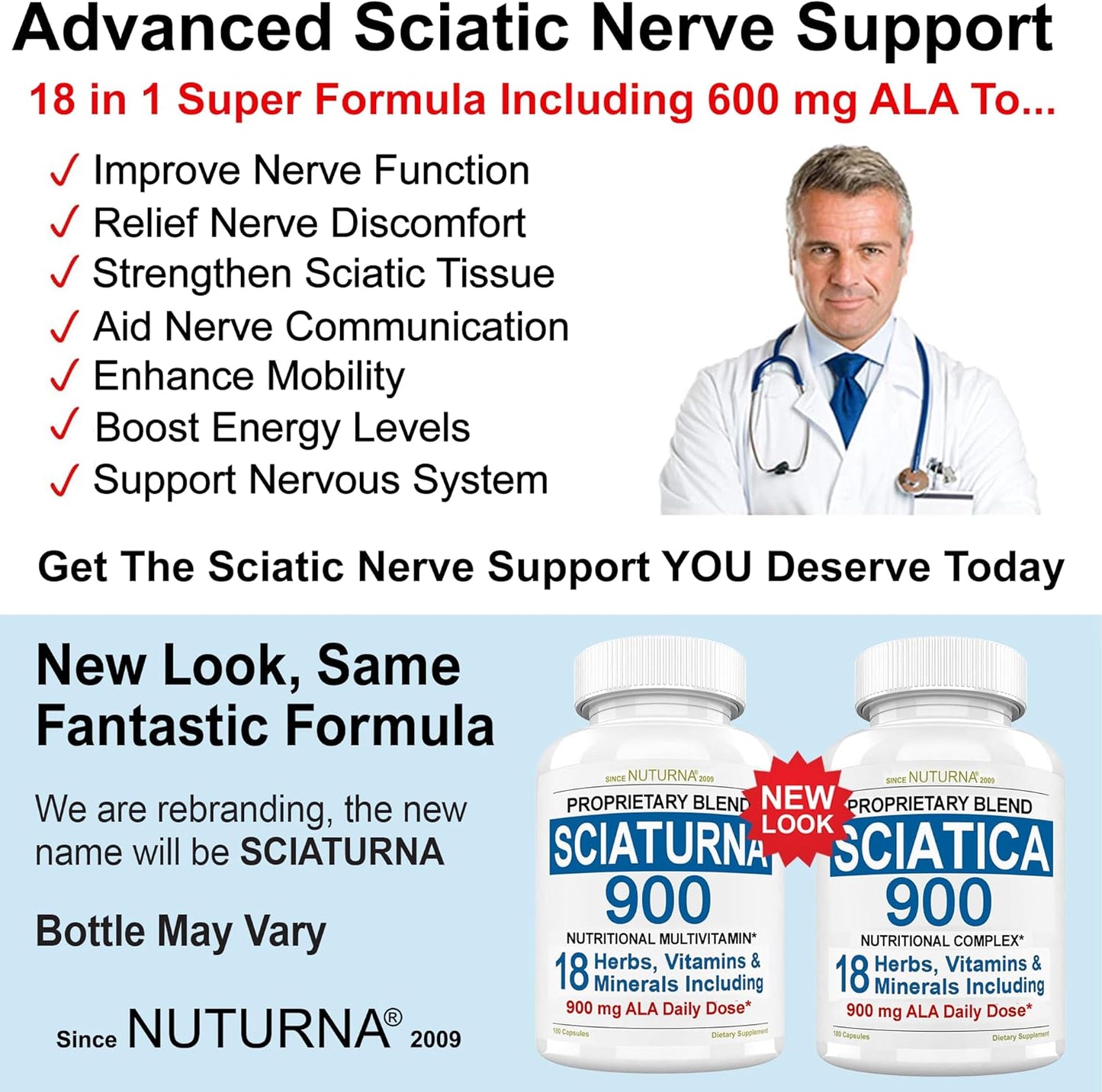 Nuturna Sciatic Nerve Support Formula with Alpha Lipoic Acid - Sciatica Supplement for Pain Relief - 180 Pills