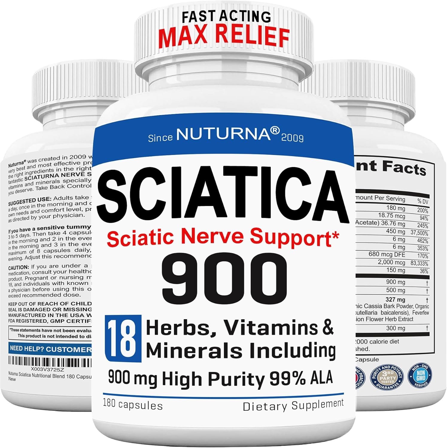 Nuturna Sciatica Nerve Support Supplement - 900mg HP-99 ALA Formula - Max Strength for Feet, Hands, Legs - 18-in-1 Natural Nerve Vitamins - 180 Capsules