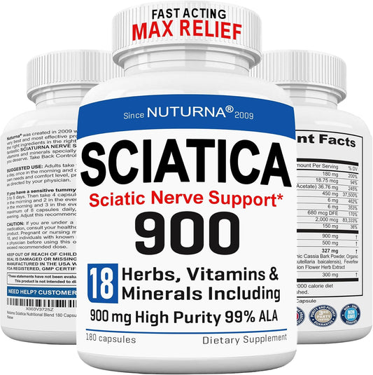 Nuturna Sciatica Nerve Support Supplement - 900mg HP-99 ALA Formula - Max Strength for Feet, Hands, Legs - 18-in-1 Natural Nerve Vitamins - 180 Capsules