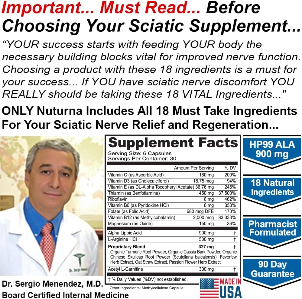 Nuturna Sciatica Nerve Support Supplement - 900mg HP-99 ALA Formula - Max Strength for Feet, Hands, Legs - 18-in-1 Natural Nerve Vitamins - 180 Capsules