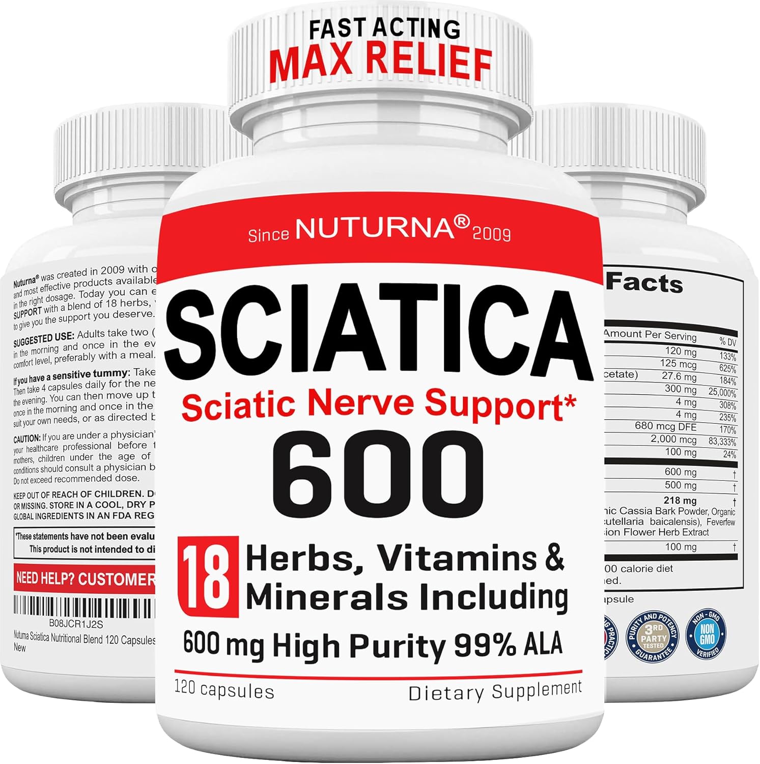 Nuturna Sciatica Supplement with 600mg Alpha Lipoic Acid - Maximum Strength ALA Nerve Support - Natural Vitamin Capsules for Sciatic Nerve Relief