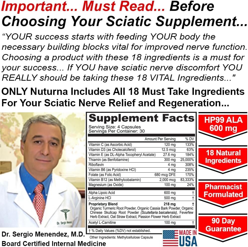 Nuturna Sciatica Supplement with 600mg Alpha Lipoic Acid - Maximum Strength ALA Nerve Support - Natural Vitamin Capsules for Sciatic Nerve Relief