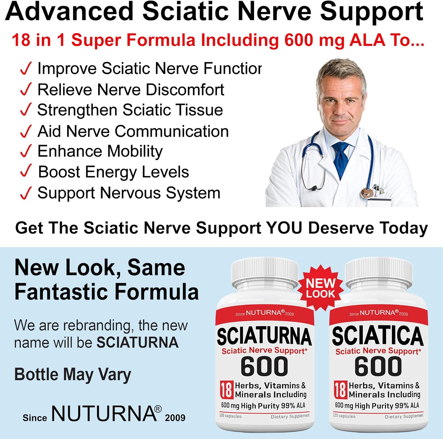 Nuturna Sciatica Supplement with 600mg Alpha Lipoic Acid - Maximum Strength ALA Nerve Support - Natural Vitamin Capsules for Sciatic Nerve Relief