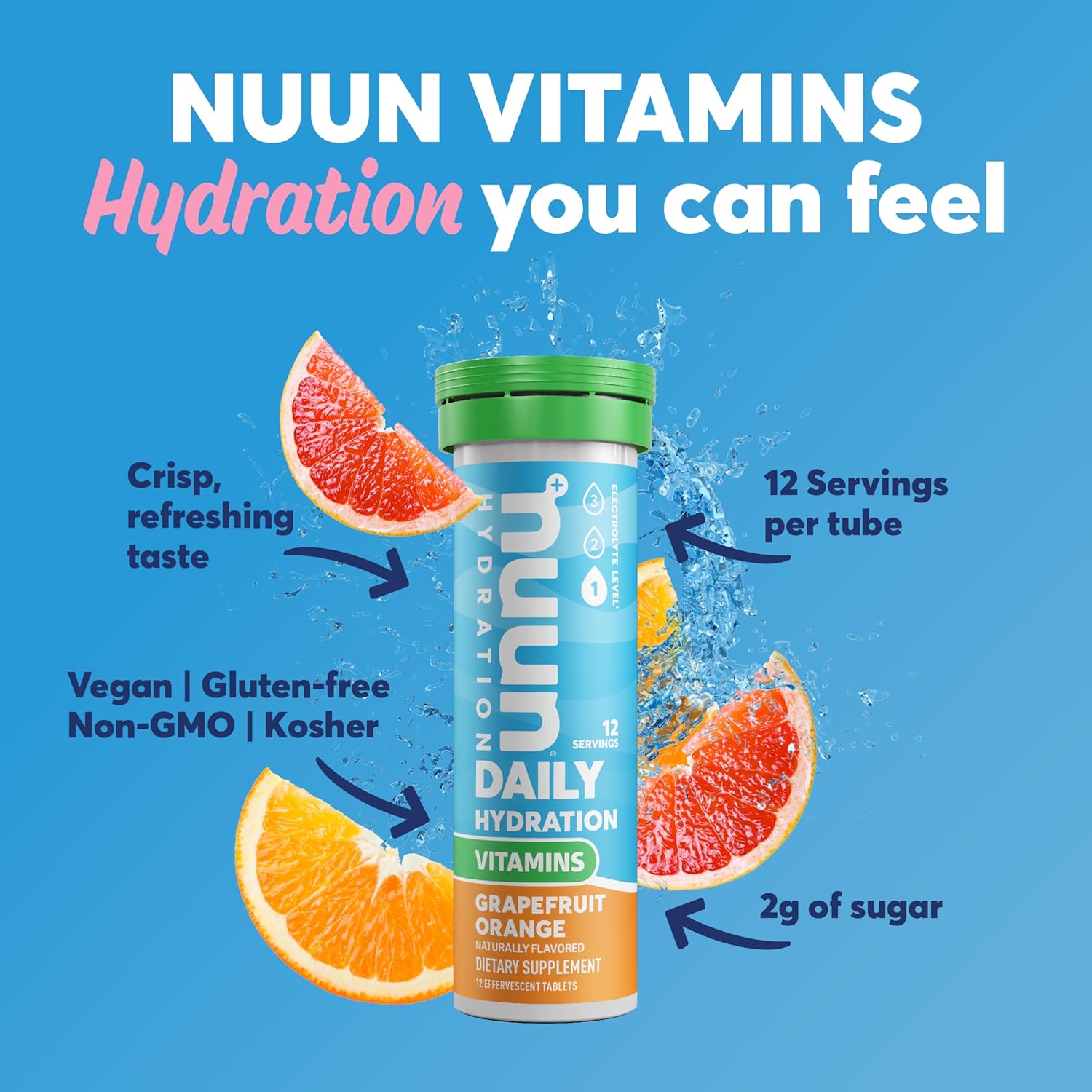 Nuun Electrolyte Tablets with Vitamins, Grapefruit Orange Flavor, 5 Essential Electrolytes + Vitamin A, B6, C, D, E, Magnesium, Vegan, Non-GMO - 8 Pack (96 Servings)