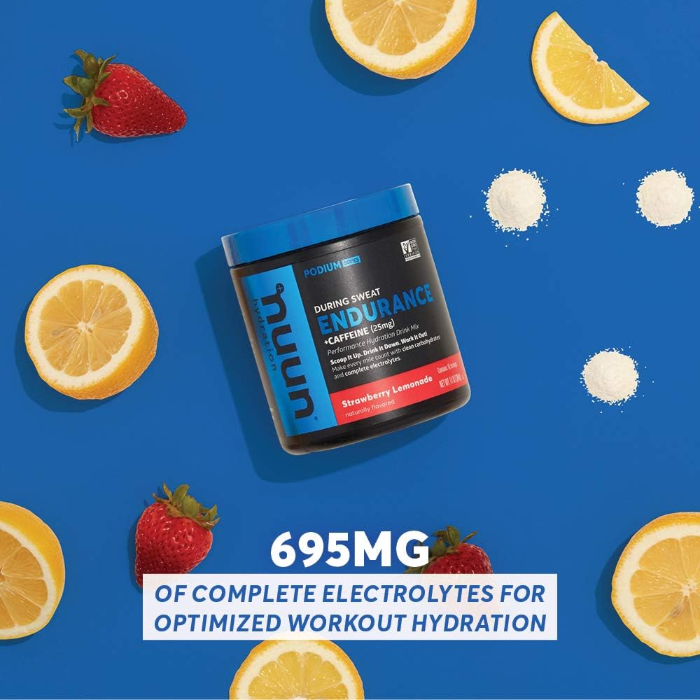 Nuun Hydration Endurance Powder with Caffeine, Strawberry Lemonade Flavor, Vegan, Non-GMO, 5 Electrolytes + Carbohydrates, Workout Support (16 Servings)