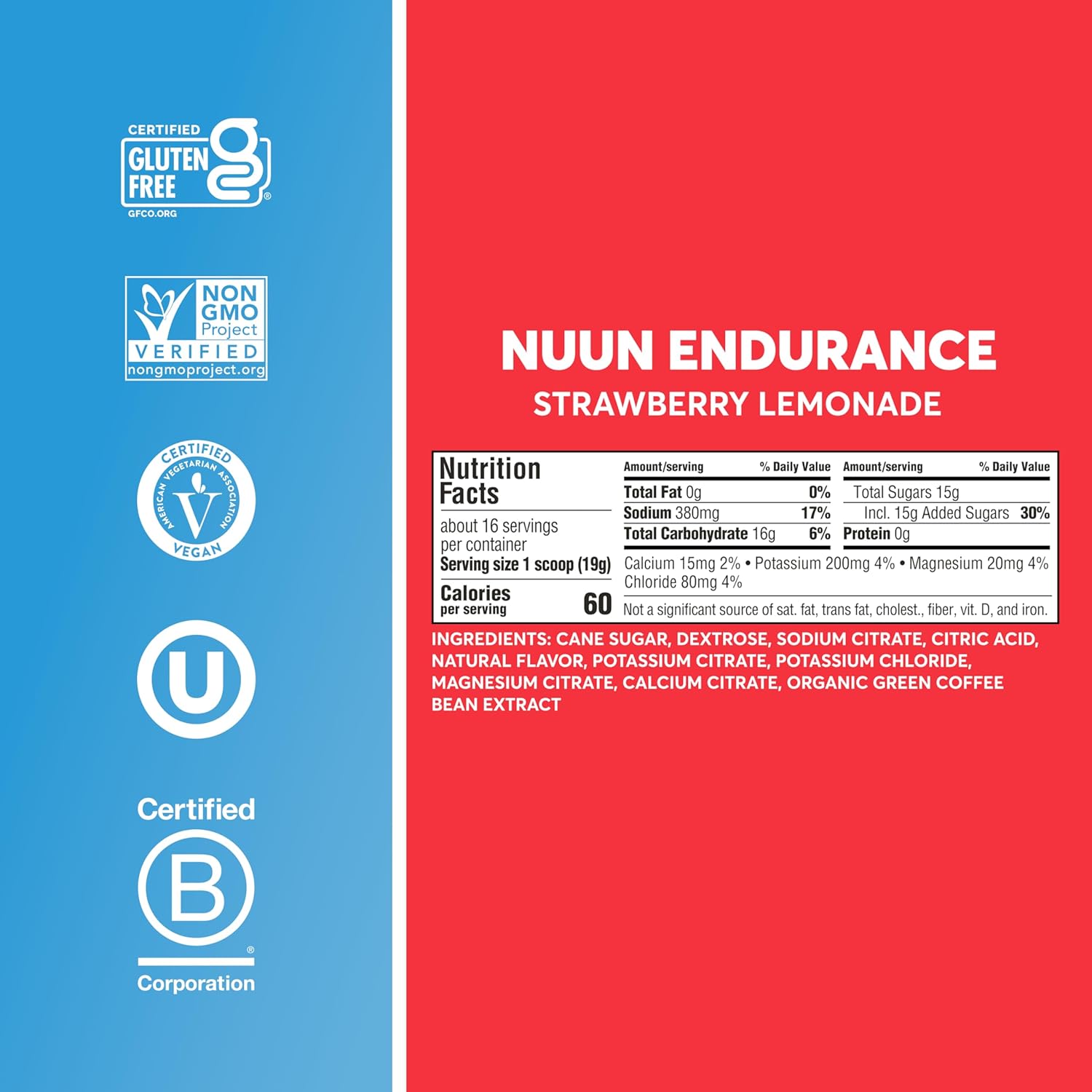 Nuun Hydration Endurance Powder with Caffeine, Strawberry Lemonade Flavor, Vegan, Non-GMO, 5 Electrolytes + Carbohydrates, Workout Support (16 Servings)
