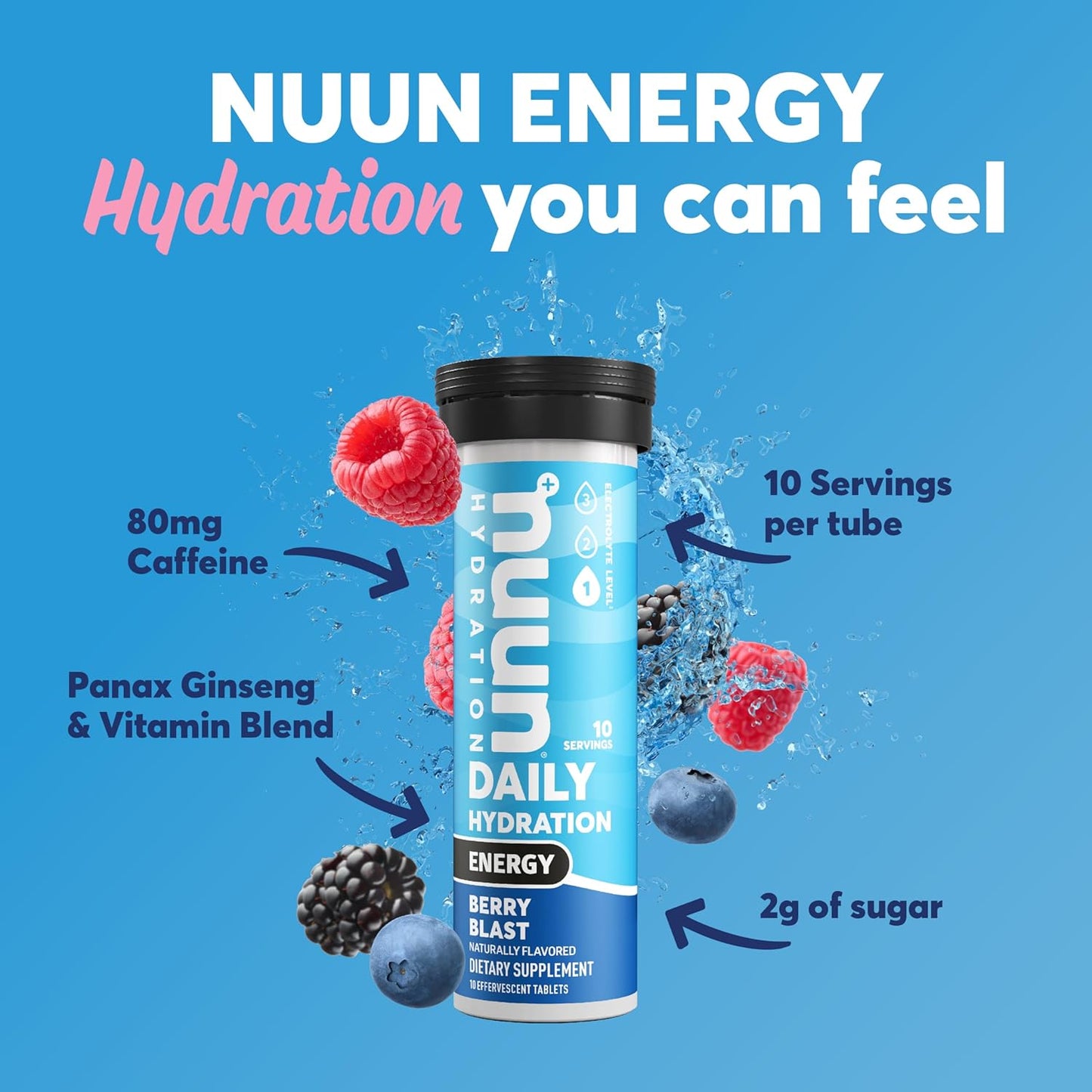 Nuun Hydration Energy Electrolyte Tablets - Berry Blast Flavor, 8 Pack, Vegan & Non-GMO, 5 Essential Electrolytes, Caffeine, B Vitamins, Ginseng