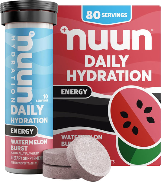Nuun Hydration Energy Electrolyte Tablets - Watermelon Burst Flavor, 5 Essential Electrolytes, Caffeine, B Vitamins, Ginseng, Vegan, Non-GMO - 8 Pack (80 Servings)