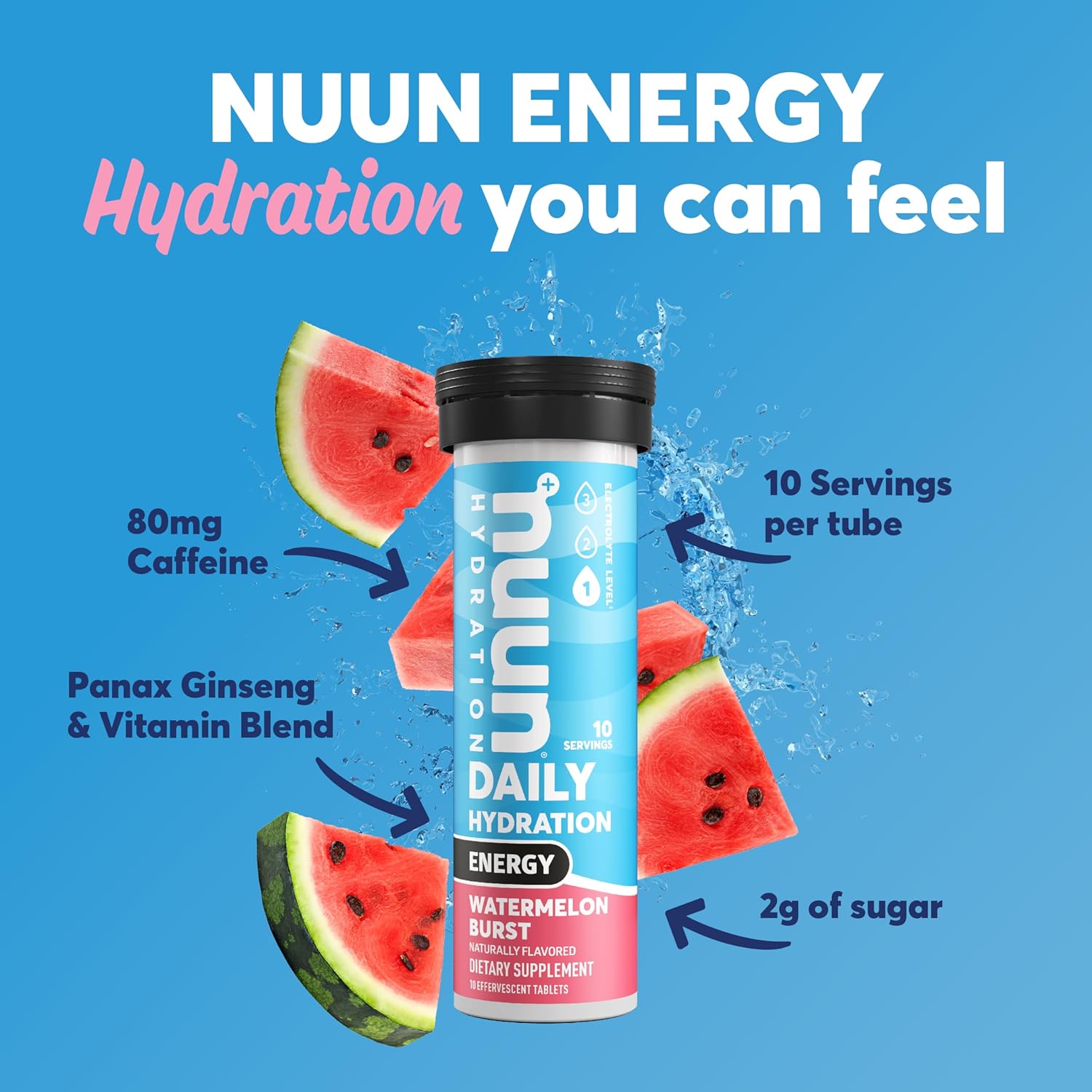 Nuun Hydration Energy Electrolyte Tablets - Watermelon Burst Flavor, 5 Essential Electrolytes, Caffeine, B Vitamins, Ginseng, Vegan, Non-GMO - 8 Pack (80 Servings)