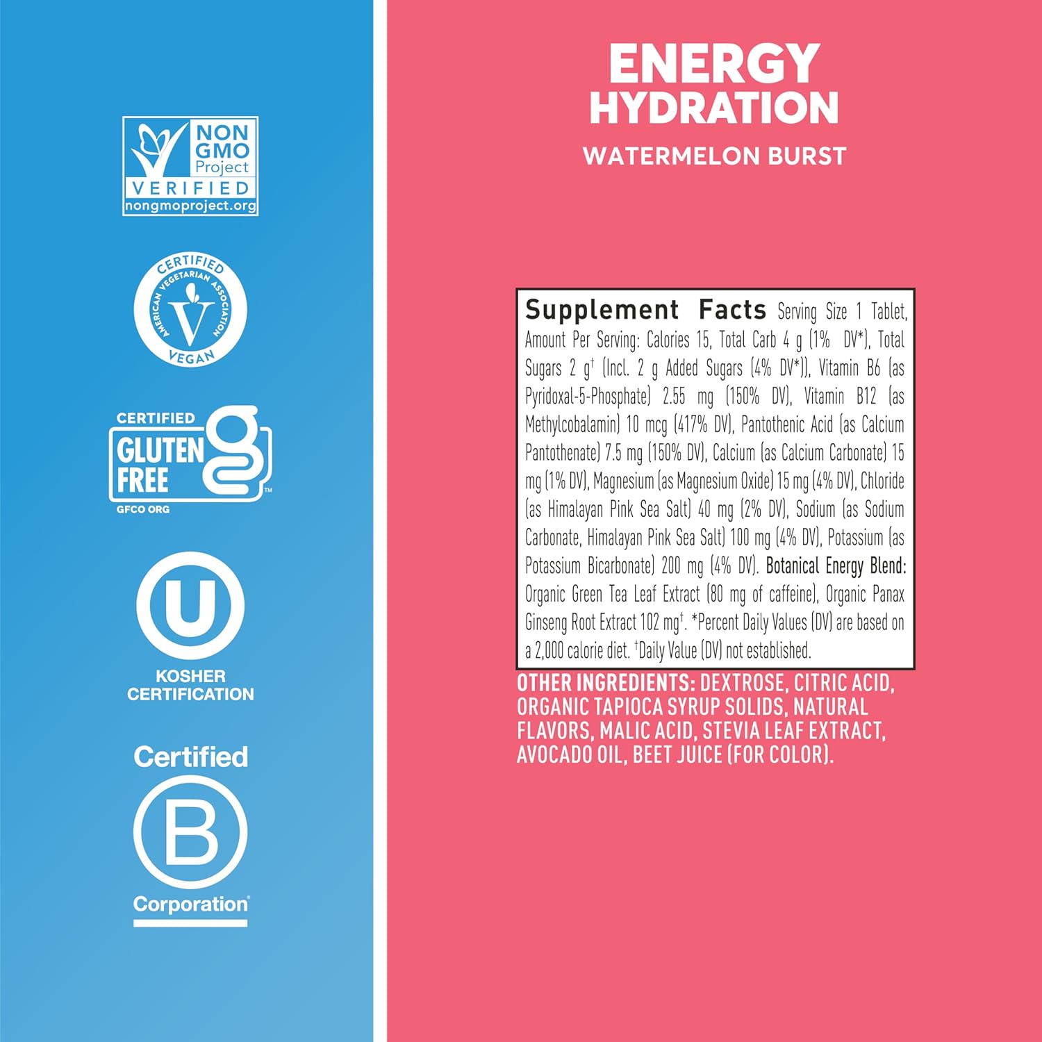 Nuun Hydration Energy Electrolyte Tablets - Watermelon Burst Flavor, 5 Essential Electrolytes, Caffeine, B Vitamins, Ginseng, Vegan, Non-GMO - 8 Pack (80 Servings)