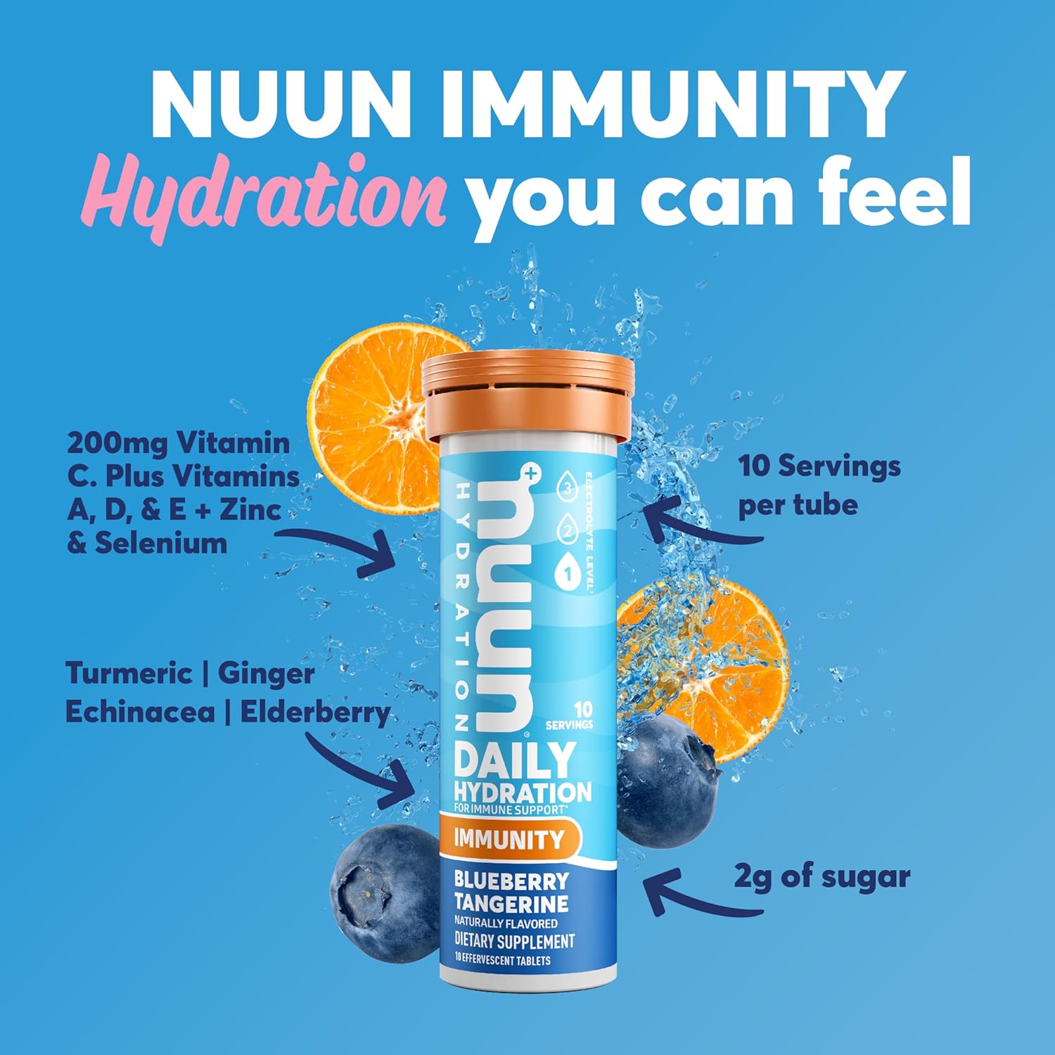 Nuun Hydration Immunity Electrolyte Tablets - Blueberry Tangerine Flavor, 200mg Vitamin C, 5 Essential Electrolytes, Ginger & Turmeric, Vegan, Non-GMO - 8 Pack (80 Servings)