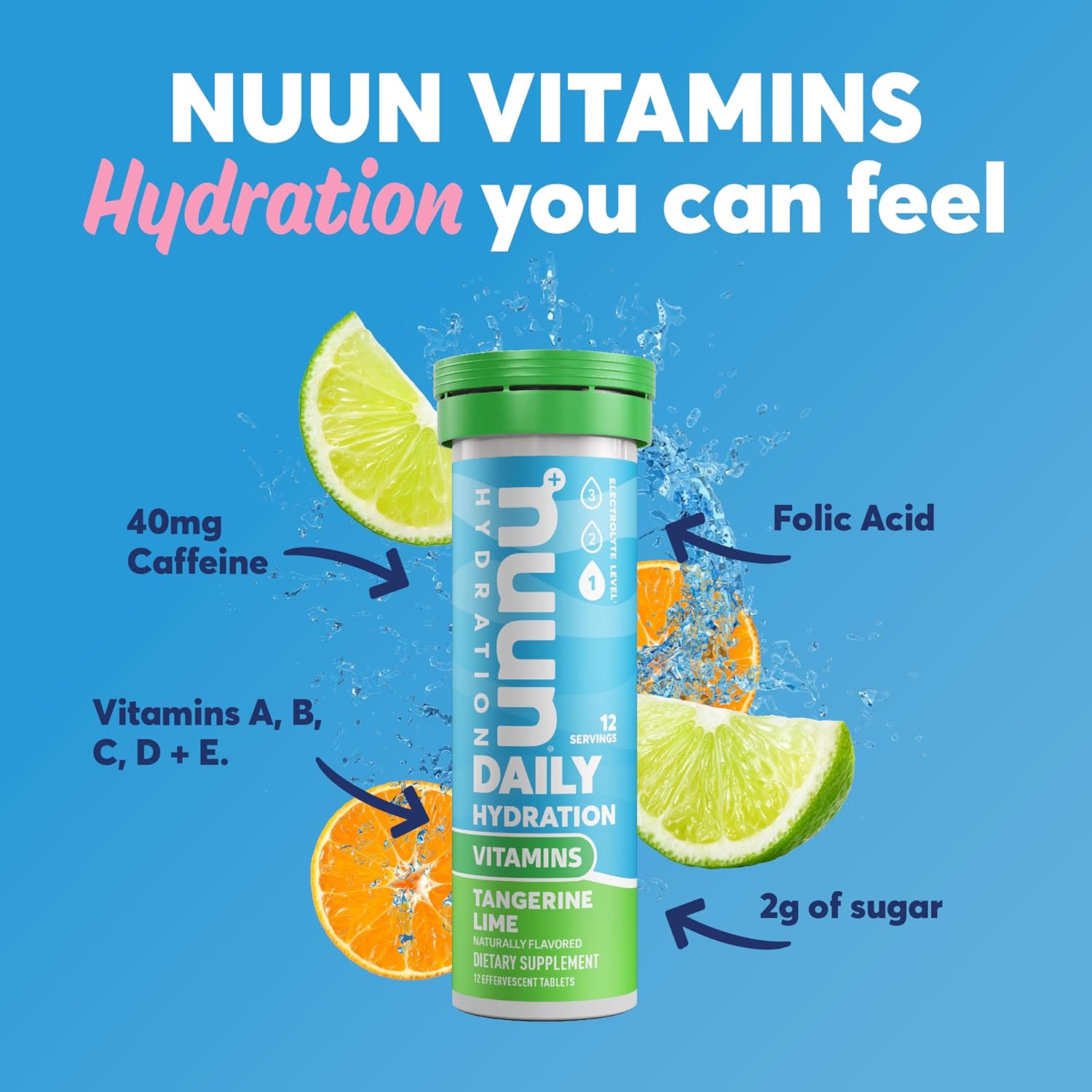Nuun Hydration Vitamins Electrolyte Tablets, Tangerine Lime Flavor, 8 Pack (96 Servings) - Vegan, Non-GMO, with 5 Essential Electrolytes + Vitamins A, B6, C, D, E & Magnesium