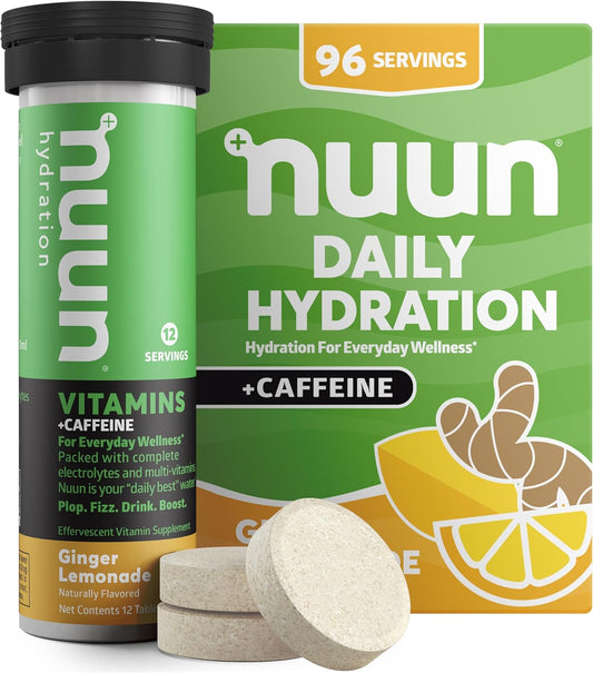 Nuun Hydration Vitamins Electrolyte Tablets with Caffeine - Ginger Lemonade Flavor - 8 Tubes, 96 Servings - Vegan, Non-GMO - 5 Essential Electrolytes + Vitamins A, B6, C, D, E - Magnesium