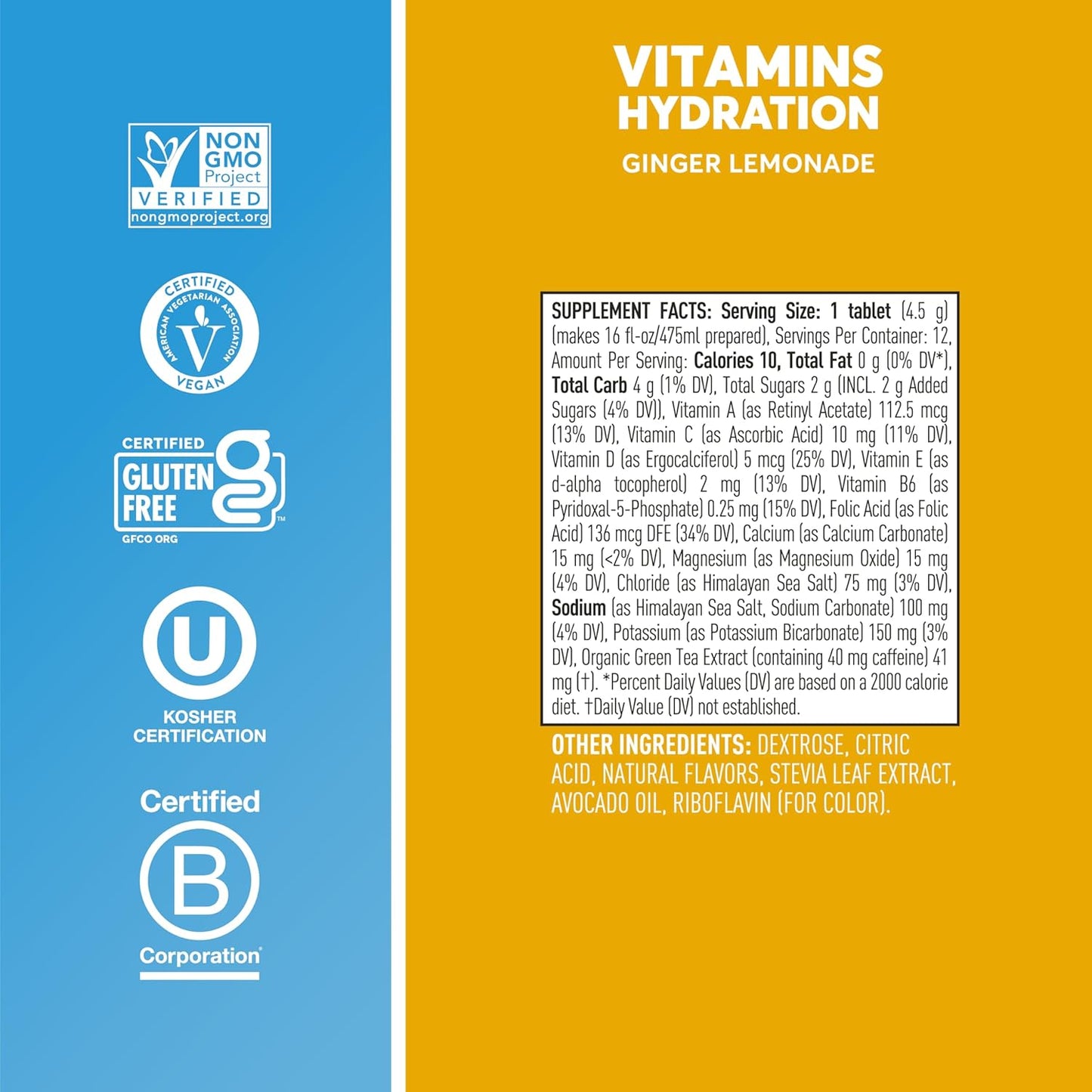 Nuun Hydration Vitamins Electrolyte Tablets with Caffeine - Ginger Lemonade Flavor - 8 Tubes, 96 Servings - Vegan, Non-GMO - 5 Essential Electrolytes + Vitamins A, B6, C, D, E - Magnesium