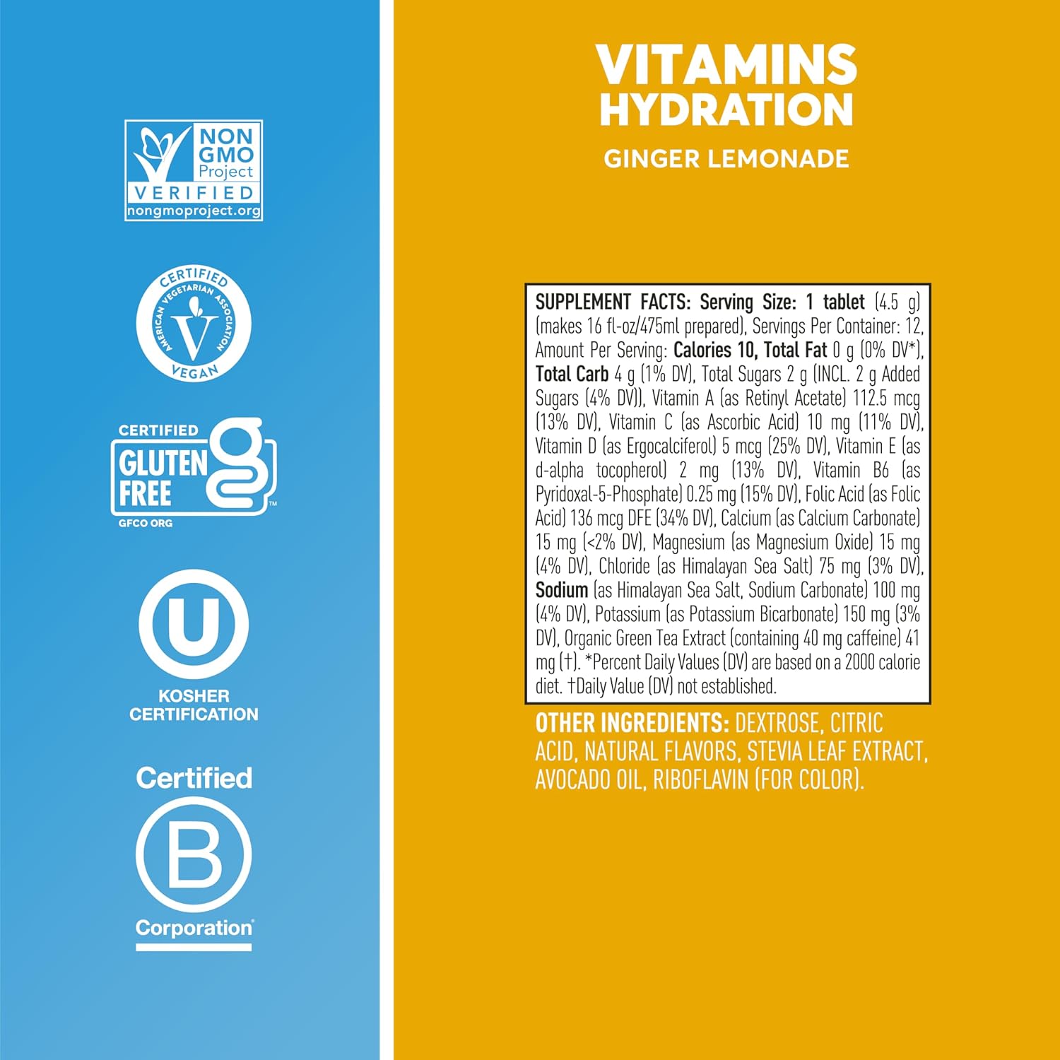 Nuun Hydration Vitamins Electrolyte Tablets with Caffeine - Ginger Lemonade Flavor - 8 Tubes, 96 Servings - Vegan, Non-GMO - 5 Essential Electrolytes + Vitamins A, B6, C, D, E - Magnesium