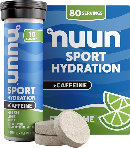 Nuun Sport + Caffeine Electrolyte Tablets - Fresh Lime Flavor, 5 Essential Electrolytes, Vegan & Non-GMO, 8 Pack (80 Servings)
