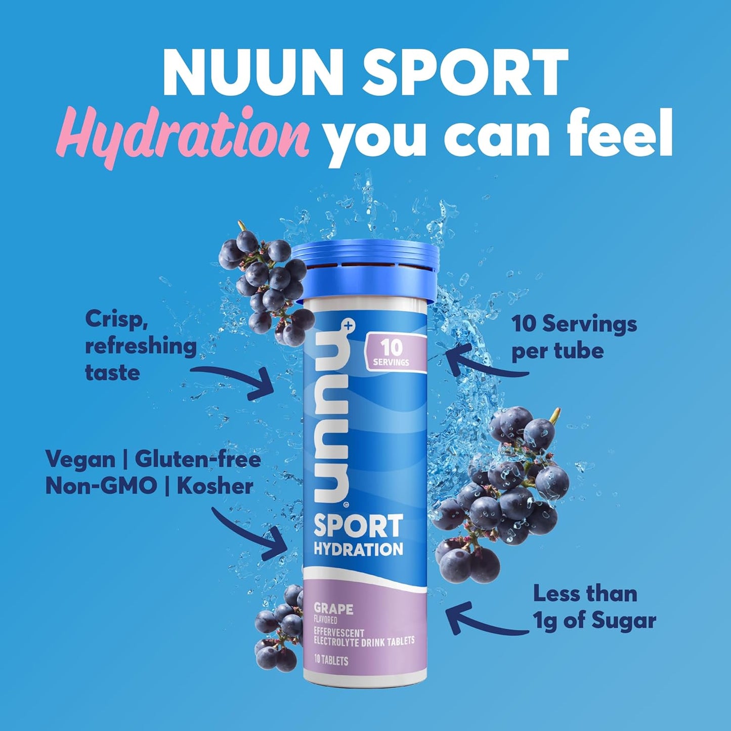 Nuun Sport Electrolyte Tablets - Grape Flavor, Dissolvable Drink Mix with 5 Essential Electrolytes, Vegan & Non-GMO, 8 Pack