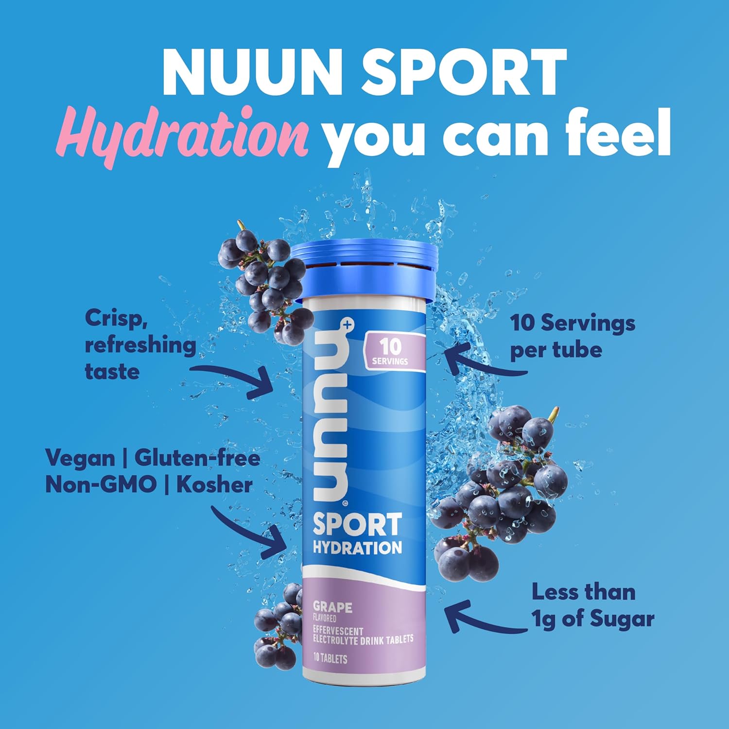 Nuun Sport Electrolyte Tablets - Grape Flavor, Dissolvable Drink Mix with 5 Essential Electrolytes, Vegan & Non-GMO, 8 Pack