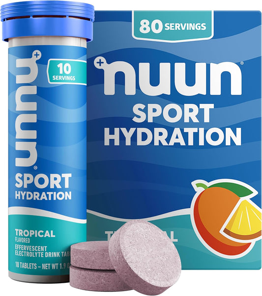 Nuun Sport Electrolyte Tablets - Tropical Flavor, Dissolves in Water, Hydration with 5 Essential Electrolytes, 1g Sugar, Vegan, Non-GMO - 8 Pack (80 Servings)