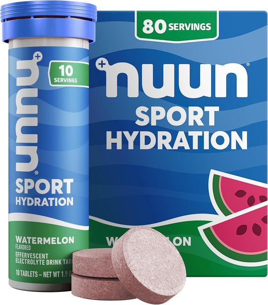 Nuun Sport Watermelon Electrolyte Tablets - Dissolvable in Water, Hydration Drink Mix with 5 Essential Electrolytes, 1g Sugar, Vegan & Non-GMO, 8 Pack