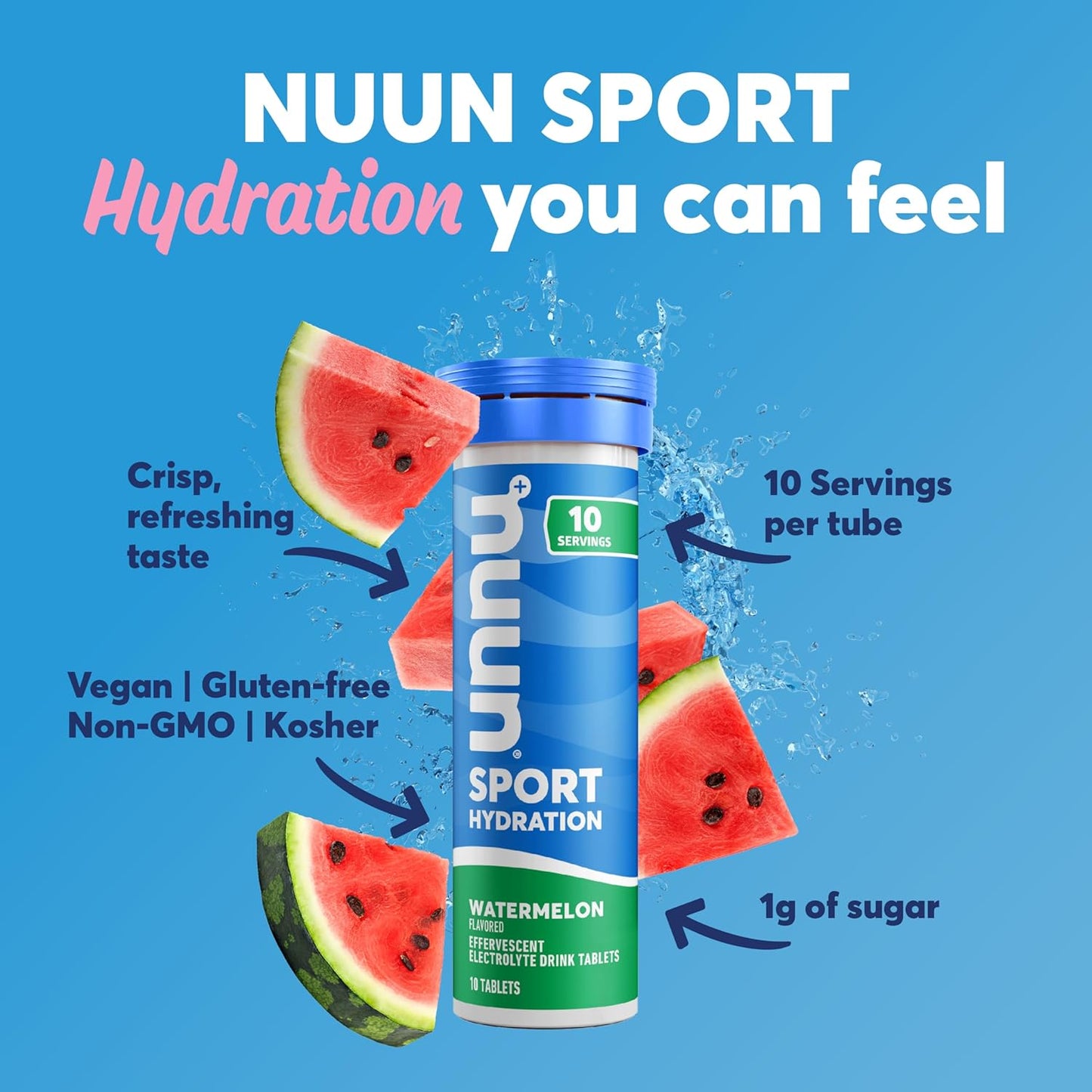 Nuun Sport Watermelon Electrolyte Tablets - Dissolvable in Water, Hydration Drink Mix with 5 Essential Electrolytes, 1g Sugar, Vegan & Non-GMO, 8 Pack