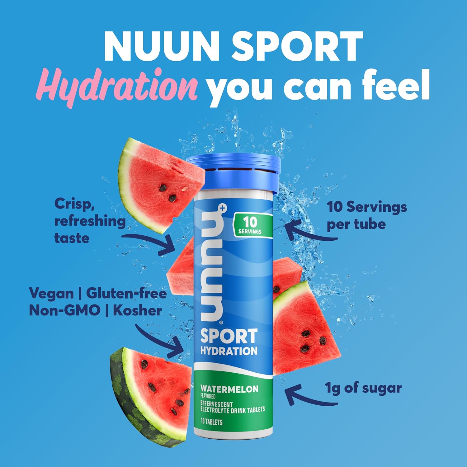 Nuun Sport Watermelon Electrolyte Tablets - Dissolvable in Water, Hydration Drink Mix with 5 Essential Electrolytes, 1g Sugar, Vegan & Non-GMO, 8 Pack