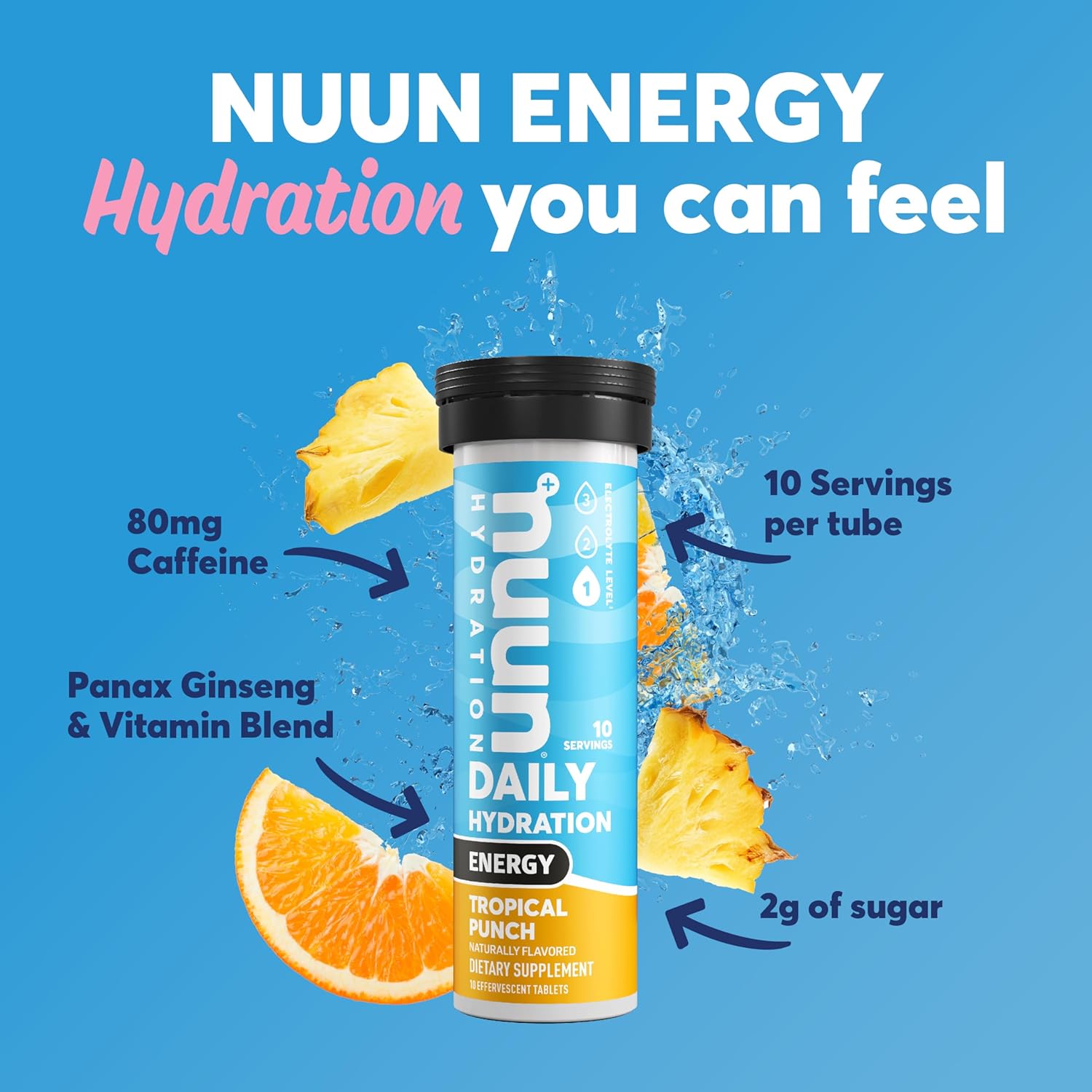 Nuun Tropical Punch Energy Electrolyte Tablets with Caffeine, B Vitamins and Ginseng - Vegan, Non-GMO, 8 Pack