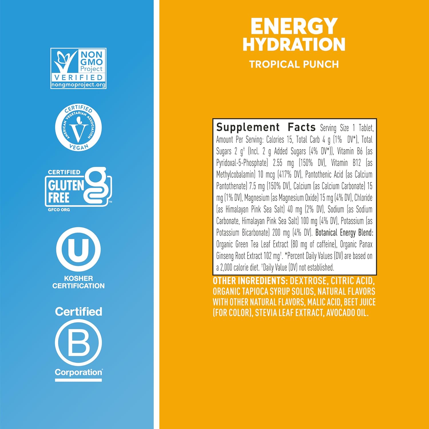 Nuun Tropical Punch Energy Electrolyte Tablets with Caffeine, B Vitamins and Ginseng - Vegan, Non-GMO, 8 Pack